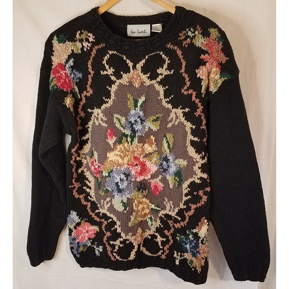VTG Womens S Sweater Floral‎ Flower Black Ramie Cotton Two Twenty 1990's